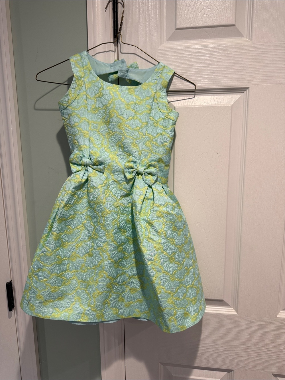Aqua and Yellow Floral Fit-and-Flare Girls' Dress with Waist Bows
